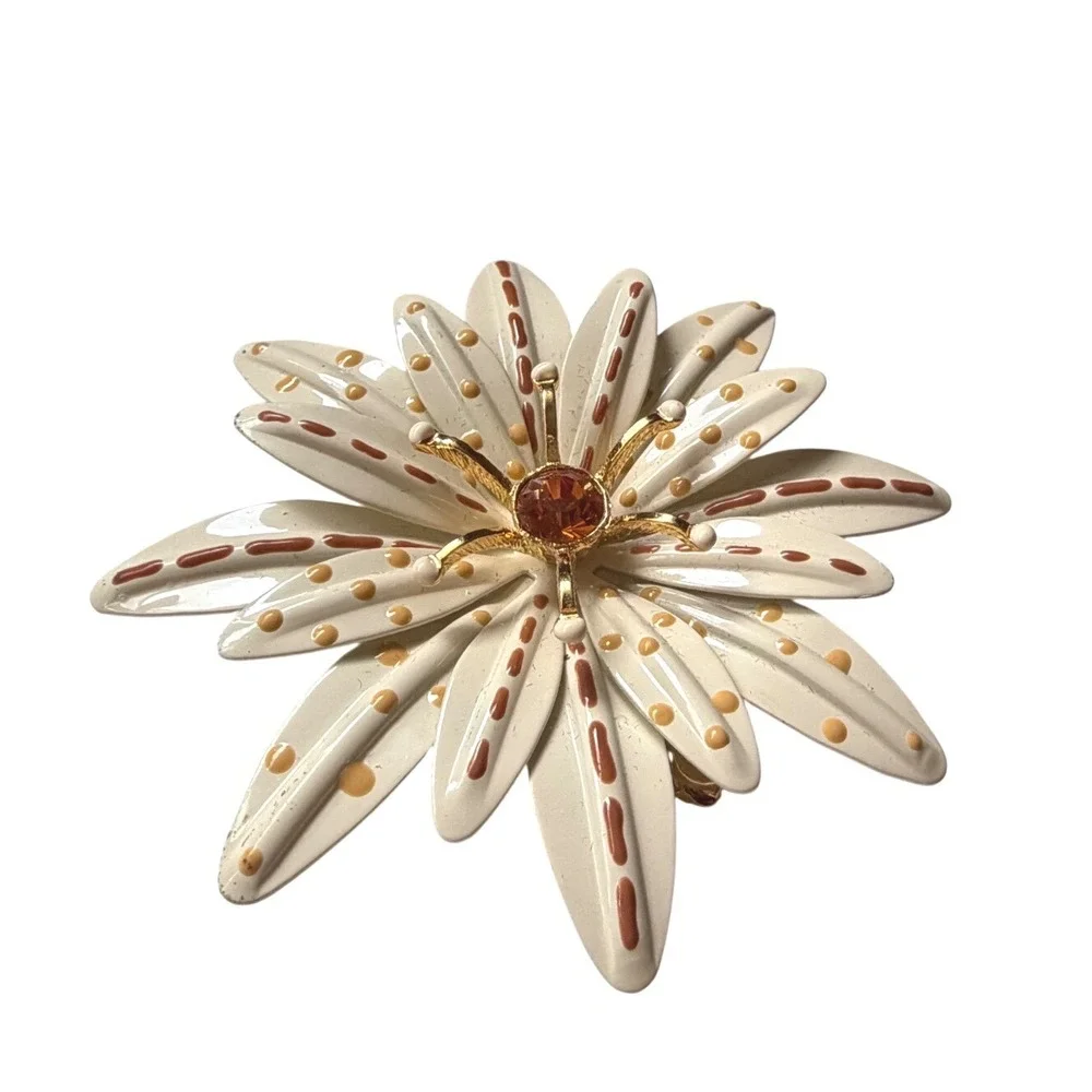 Joan Rivers Vintage‎ Enamel Flower Brooch Amber Rhinestone Cream Floral Pin 3